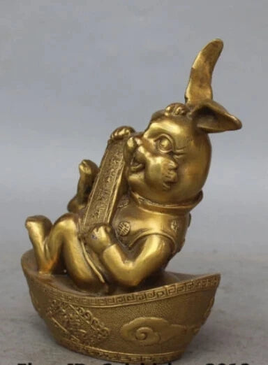 RHS0096 18CM Chinese Bronze Carving FengShui Wealth YuanBao Animal Zodiac Rabbit Statue