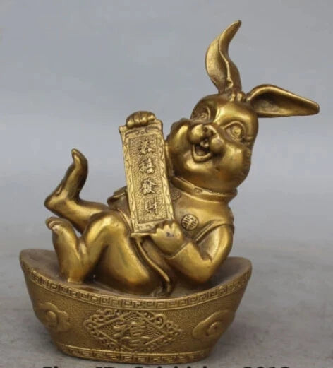 RHS0096 18CM Chinese Bronze Carving FengShui Wealth YuanBao Animal Zodiac Rabbit Statue