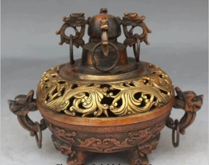 RHS0141 8" Chinese Dynasty palace Fengshui Bronze Gilt Dragon Lion incense burner Censer