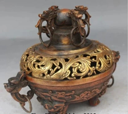 RHS0141 8" Chinese Dynasty palace Fengshui Bronze Gilt Dragon Lion incense burner Censer