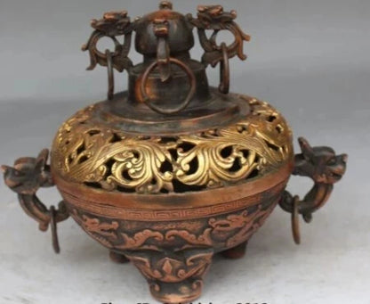 RHS0141 8" Chinese Dynasty palace Fengshui Bronze Gilt Dragon Lion incense burner Censer