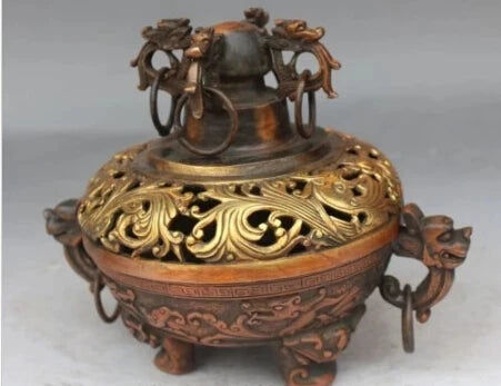 RHS0141 8" Chinese Dynasty palace Fengshui Bronze Gilt Dragon Lion incense burner Censer