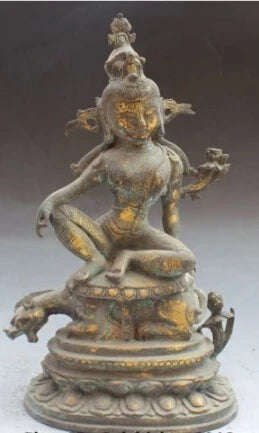 RHS0143 Chinese Tibetan Buddhism Bronze Gilt Kwan-Yin Guan Yin Goddess Ride Beast Statue