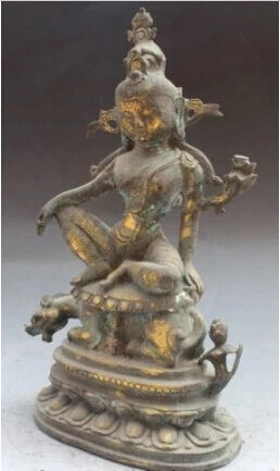 RHS0143 Chinese Tibetan Buddhism Bronze Gilt Kwan-Yin Guan Yin Goddess Ride Beast Statue