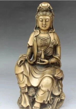 RHS0148 10" Chinese Bronze Seat Lotus Kwan-yin Guanyin Bodhisattva Goddess Vase Statue
