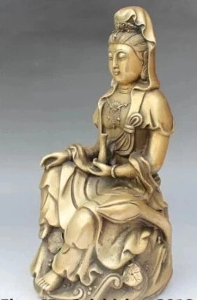 RHS0148 10" Chinese Bronze Seat Lotus Kwan-yin Guanyin Bodhisattva Goddess Vase Statue