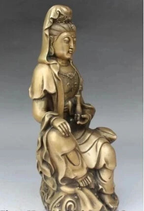 RHS0148 10" Chinese Bronze Seat Lotus Kwan-yin Guanyin Bodhisattva Goddess Vase Statue