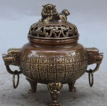 RHS0158 6 "Cina Ditandai Perunggu Fengshui Singa Naga Binatang Dupa Pembakar Patung Pedupaan