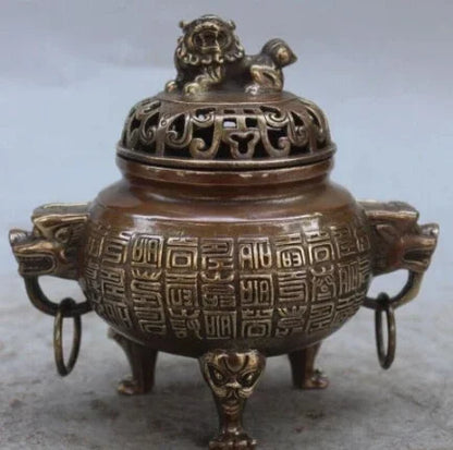 RHS0158 6 "Cina Ditandai Perunggu Fengshui Singa Naga Binatang Dupa Pembakar Patung Pedupaan