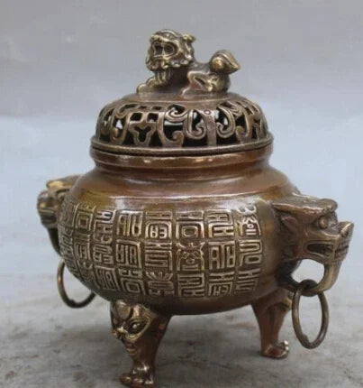 RHS0158 6 "Cina Ditandai Perunggu Fengshui Singa Naga Binatang Dupa Pembakar Patung Pedupaan