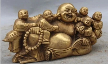 RHS0170 10"Marked Chinese Bronze Brass Five Kids kId Happy Laugh Buddha Hold Bead Statue