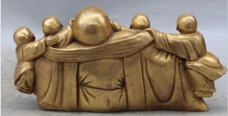 RHS0170 10"Marked Chinese Bronze Brass Five Kids kId Happy Laugh Buddha Hold Bead Statue