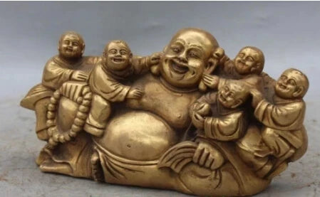 RHS0170 10"Marked Chinese Bronze Brass Five Kids kId Happy Laugh Buddha Hold Bead Statue
