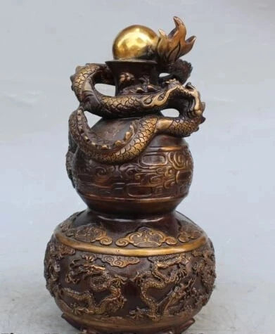 RHS0183 13" Marked Chinese Bronze Gilt FengShui Dragon calabash Cucurbit Gourd Statue