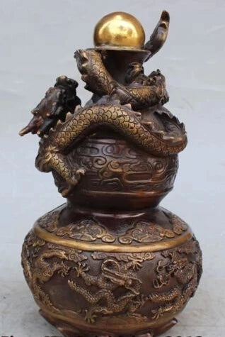 RHS0183 13" Marked Chinese Bronze Gilt FengShui Dragon calabash Cucurbit Gourd Statue