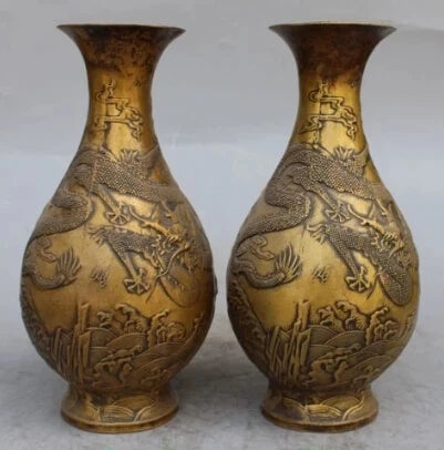 RHS0196 10" Marked Chinese Bronze Gilt Dragon Beast Flower Vase Bowl Pot Pair Statue