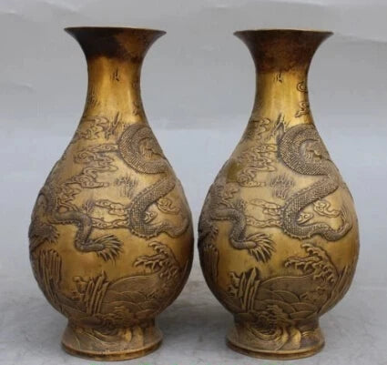 RHS0196 10" Marked Chinese Bronze Gilt Dragon Beast Flower Vase Bowl Pot Pair Statue