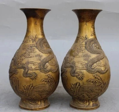 RHS0196 10" Marked Chinese Bronze Gilt Dragon Beast Flower Vase Bowl Pot Pair Statue