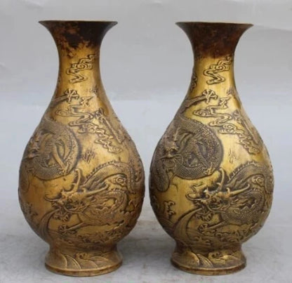 RHS0196 10" Marked Chinese Bronze Gilt Dragon Beast Flower Vase Bowl Pot Pair Statue