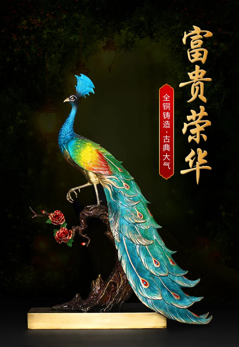 RONG HUA FU GUI 2023 Good luck OFFICE BAR CLUB Top quality decoration bring wealth money Auspicious bronze Wealth Peacock statue