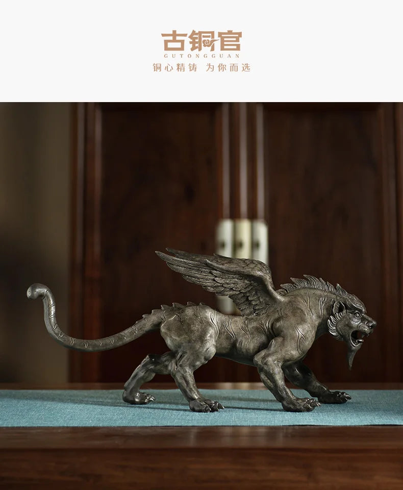 RU HU TIAN YI NEW TOP COOL GOOD LUCK Supernatural  Mythical Animal Dragon Lion tiger Bronze carving statue HOME company