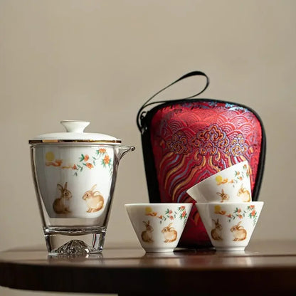 Rabbit Tea Cups Set Three Cups In A Pot Chinese Ceramic Portable Travel Storage Bag Handpainted Tea Pot