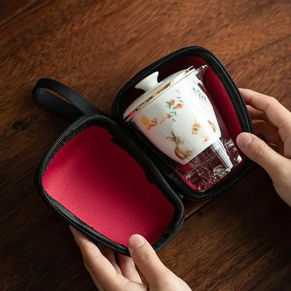 Rabbit Tea Cups Set Three Cups In A Pot Chinese Ceramic Portable Travel Storage Bag Handpainted Tea Pot