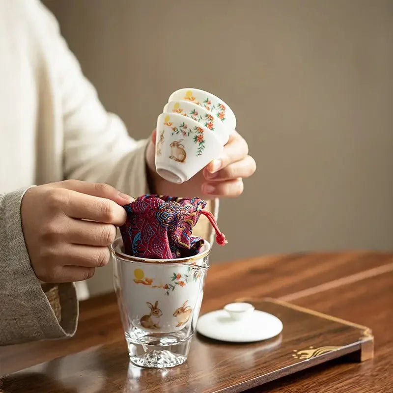 Rabbit Tea Cups Set Three Cups In A Pot Chinese Ceramic Portable Travel Storage Bag Handpainted Tea Pot