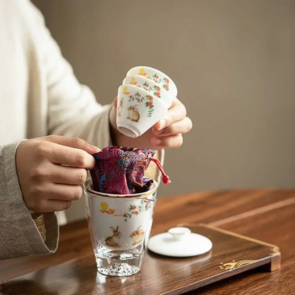 Rabbit Tea Cups Set Three Cups In A Pot Chinese Ceramic Portable Travel Storage Bag Handpainted Tea Pot