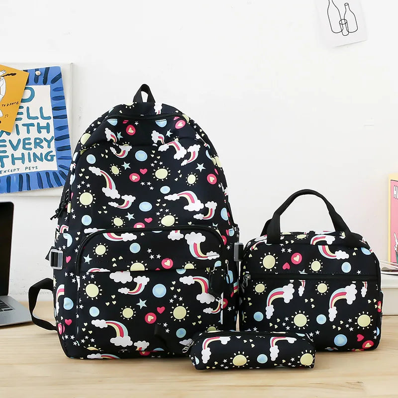 Rainbow printed canvas backpacks Cute children's 3-piece travel backpack set Primary and secondary school students School bag