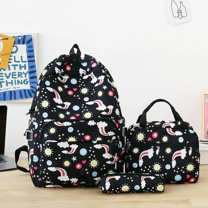 Rainbow printed canvas backpacks Cute children's 3-piece travel backpack set Primary and secondary school students School bag