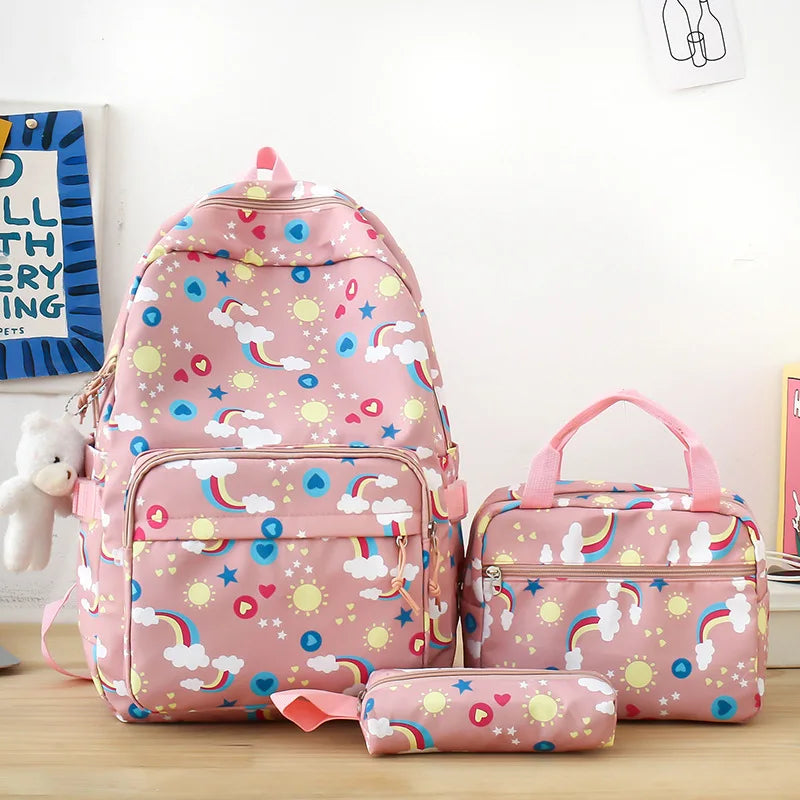 Rainbow printed canvas backpacks Cute children's 3-piece travel backpack set Primary and secondary school students School bag