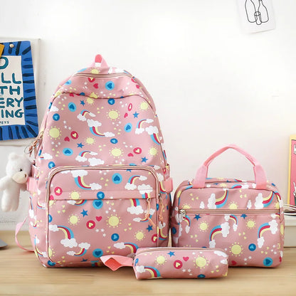 Rainbow printed canvas backpacks Cute children's 3-piece travel backpack set Primary and secondary school students School bag