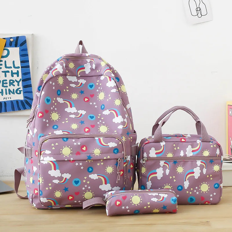 Rainbow printed canvas backpacks Cute children's 3-piece travel backpack set Primary and secondary school students School bag
