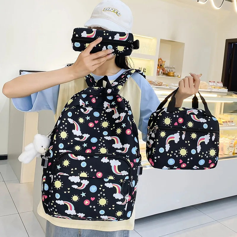 Rainbow printed canvas backpacks Cute children's 3-piece travel backpack set Primary and secondary school students School bag