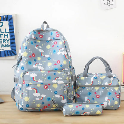 Rainbow printed canvas backpacks Cute children's 3-piece travel backpack set Primary and secondary school students School bag