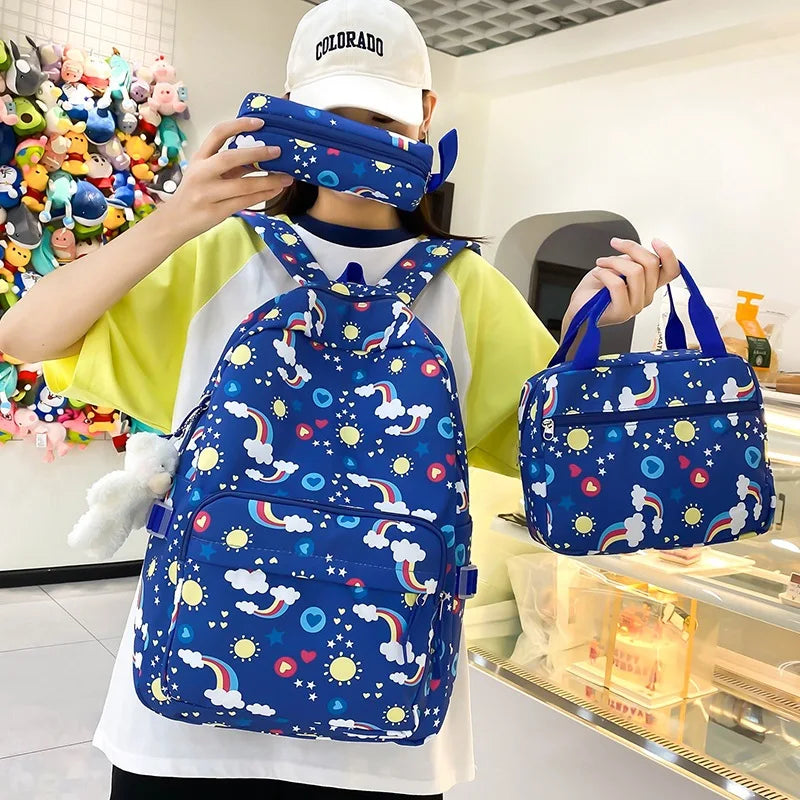 Rainbow printed canvas backpacks Cute children's 3-piece travel backpack set Primary and secondary school students School bag