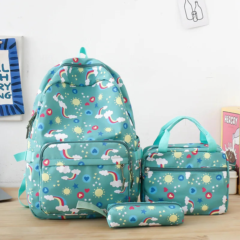 Rainbow printed canvas backpacks Cute children's 3-piece travel backpack set Primary and secondary school students School bag