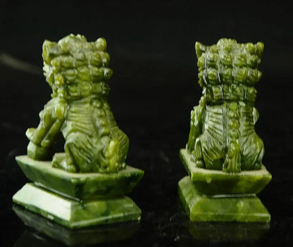 Rare A pair of 100% China natural green jade hand-carved statues fo dog lion