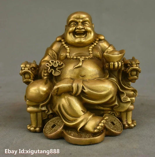 Rare China Buddhism Brass Dragon Chair Wealth Happy Laugh Maitreya Buddha Statue