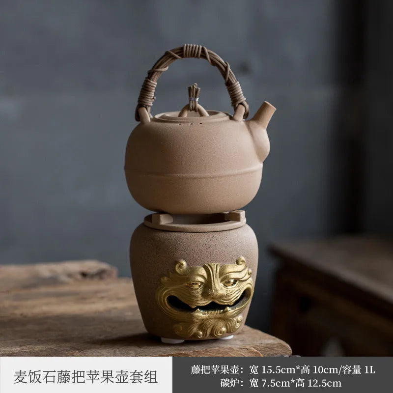 Rattan Cooking Loop-Handled Teapot Outdoor Outdoor Ceramics Alcohol Stove Charcoal Stove Tea Cooker Warm Tea Stove Base Set