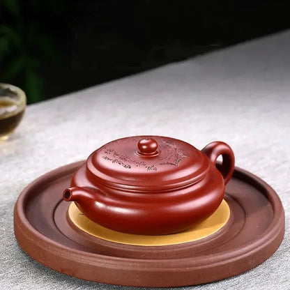 Raw Ore Purple Clay Teapot Carved Plum Blossom Flat Drum Handmade Authentic Wide Mouth Tea Pot Ceramic Portable Kettle