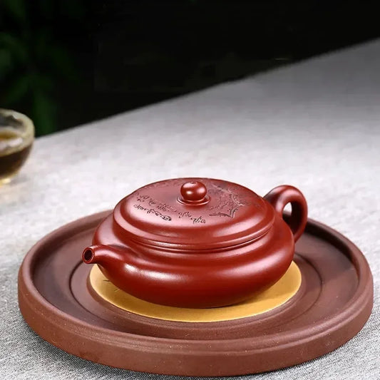 Raw Ore Purple Clay Teapot Carved Plum Blossom Flat Drum Handmade Authentic Wide Mouth Tea Pot Ceramic Portable Kettle