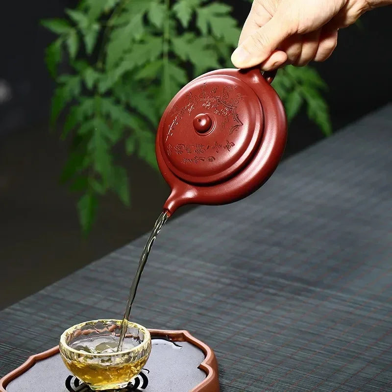 Raw Ore Purple Clay Teapot Carved Plum Blossom Flat Drum Handmade Authentic Wide Mouth Tea Pot Ceramic Portable Kettle