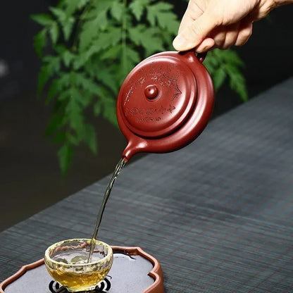 Raw Ore Purple Clay Teapot Carved Plum Blossom Flat Drum Handmade Authentic Wide Mouth Tea Pot Ceramic Portable Kettle