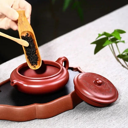 Raw Ore Purple Clay Teapot Carved Plum Blossom Flat Drum Handmade Authentic Wide Mouth Tea Pot Ceramic Portable Kettle