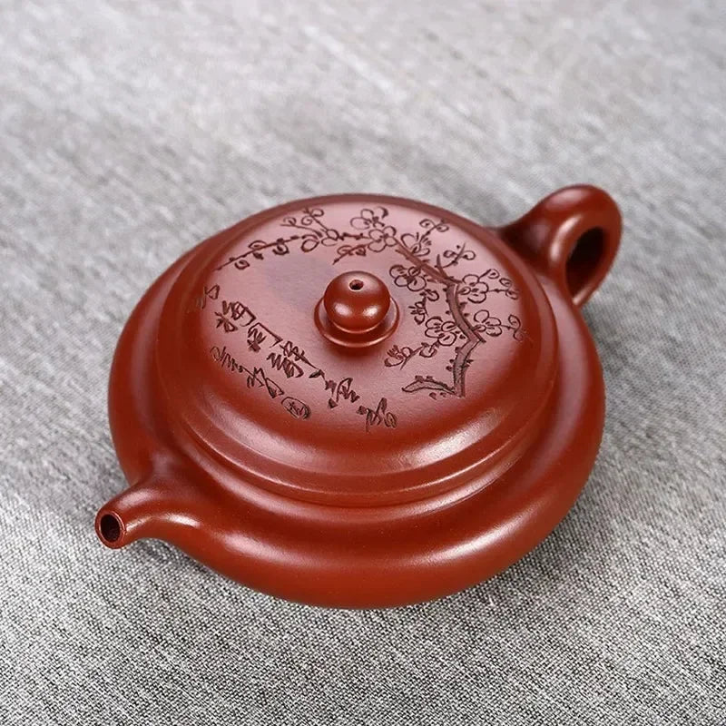 Raw Ore Purple Clay Teapot Carved Plum Blossom Flat Drum Handmade Authentic Wide Mouth Tea Pot Ceramic Portable Kettle