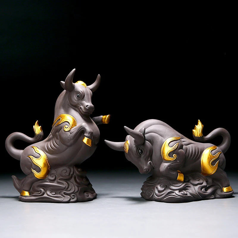 Raw ore purple sand bull decorative statue Ceramic lucky animal ornaments Home living room, room, tea room Art statue