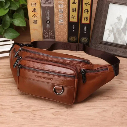Real Cowhide Male Hip Fanny Pack Travel Shoulder Crossbody Bags Retro Men Genuine Leather Sling Chest Belt Waist Bag New