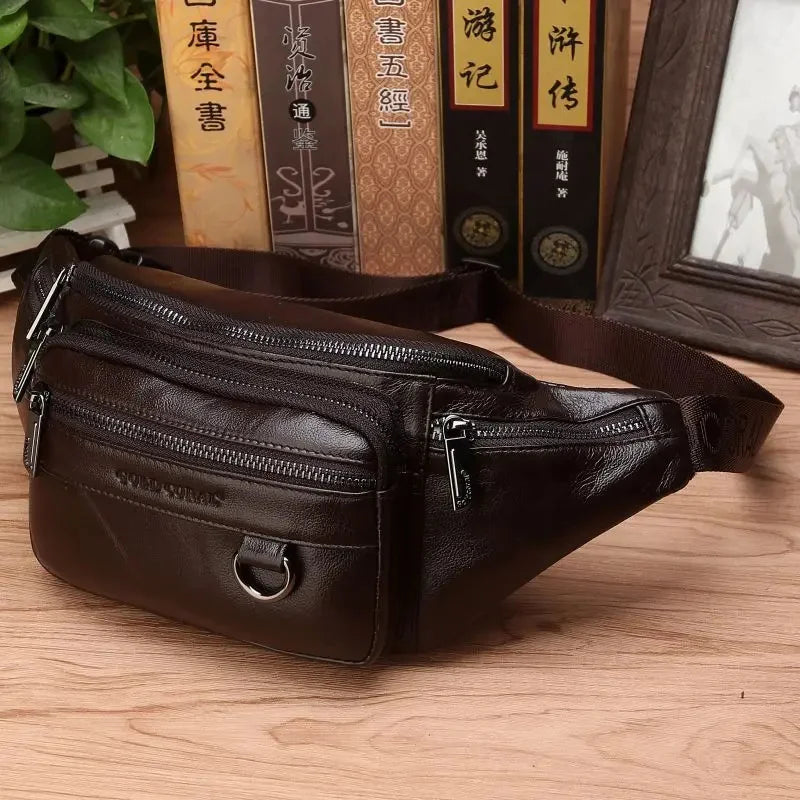 Real Cowhide Male Hip Fanny Pack Travel Shoulder Crossbody Bags Retro Men Genuine Leather Sling Chest Belt Waist Bag New